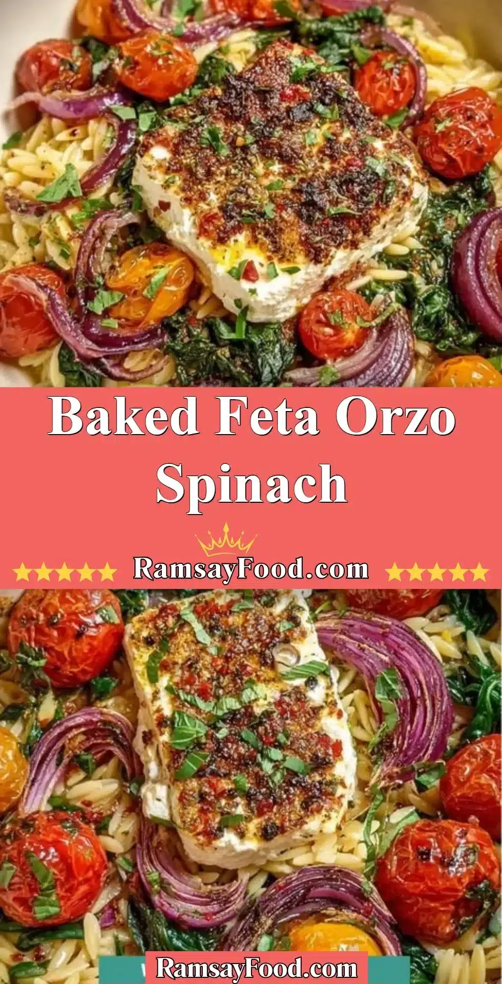 Baked Feta Orzo Spinach 2 Baked feta orzo with spinach in a creamy sauce garnished with herbs