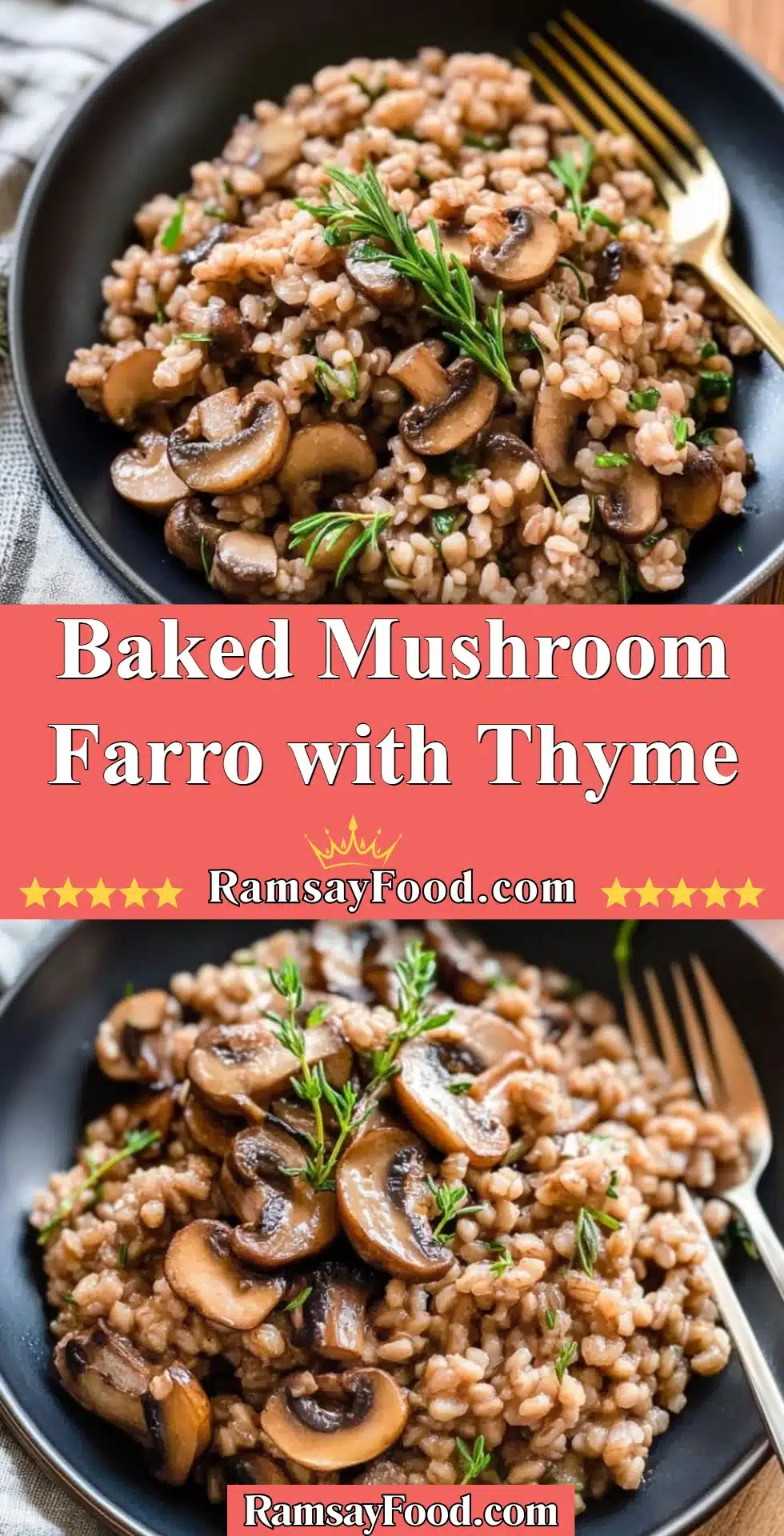 Delicious Baked Mushroom Farro with Thyme served in a bowl