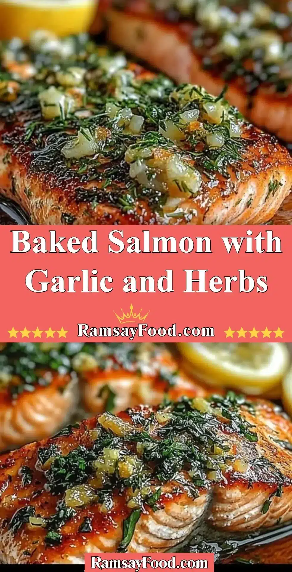 Baked salmon fillet topped with garlic and fresh herbs on a plate.