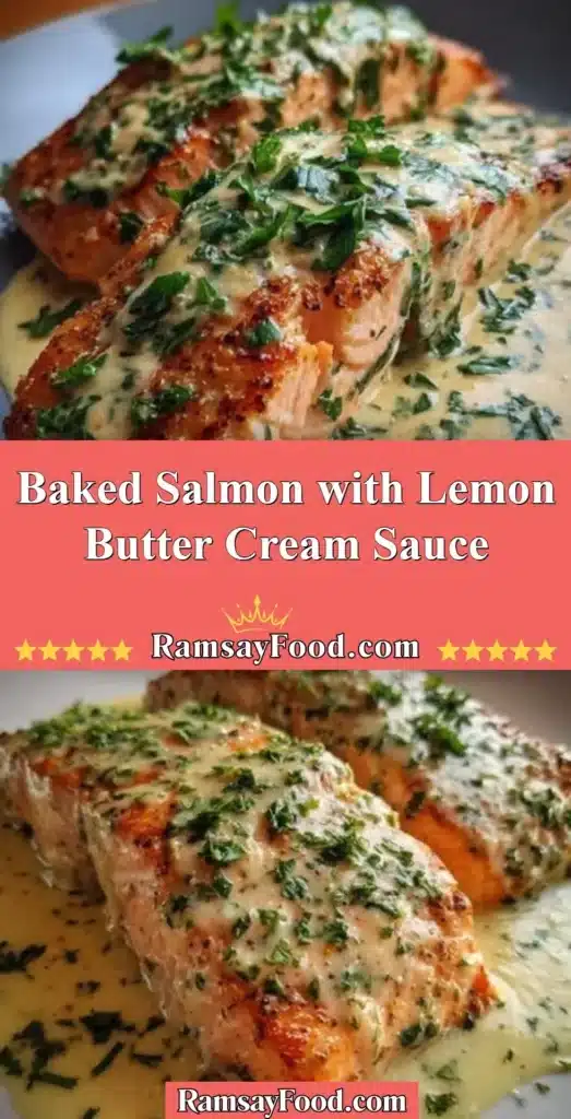 Baked salmon fillet served with lemon butter cream sauce on a plate