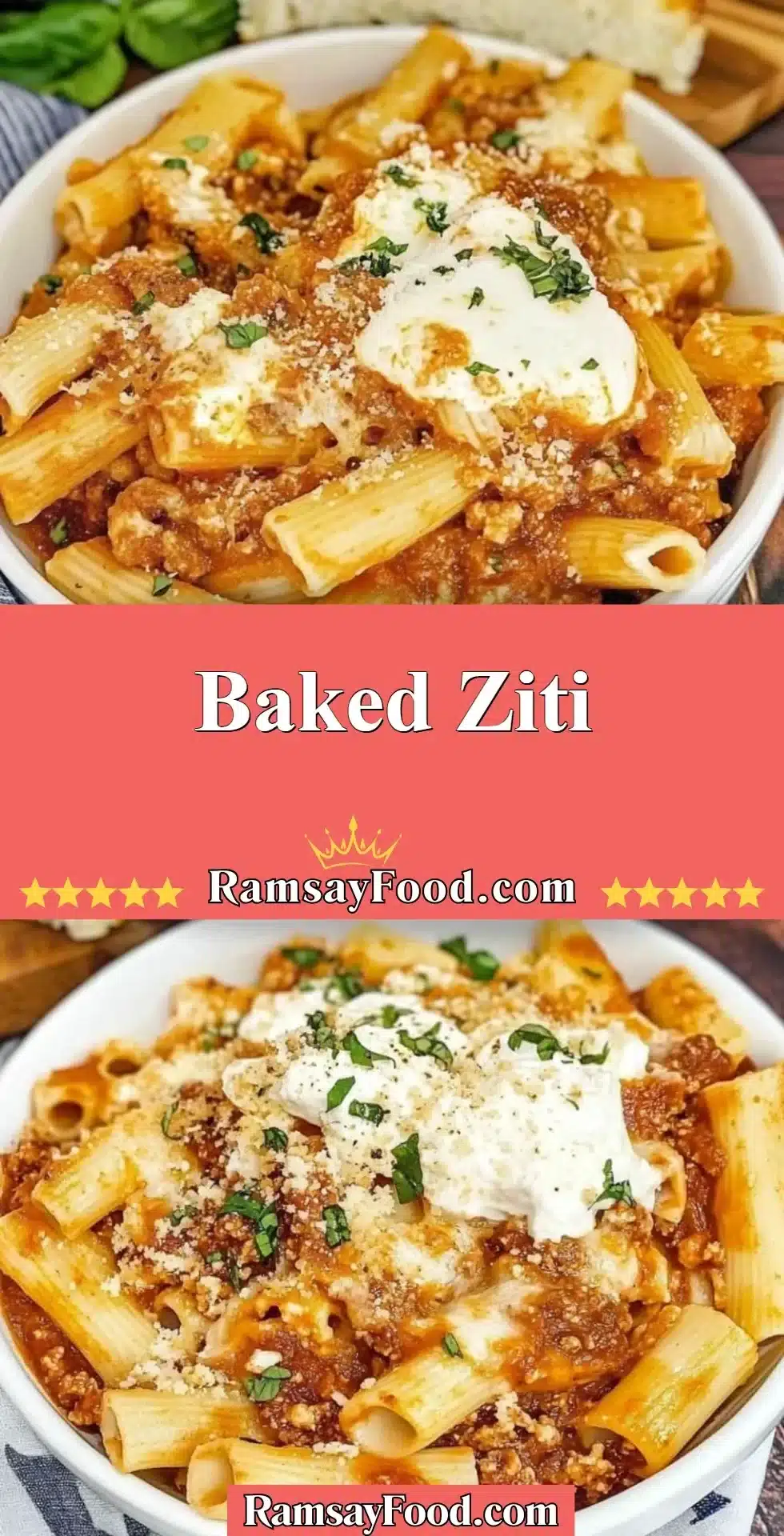 Mouthwatering baked ziti dish topped with melted cheese and herbs.