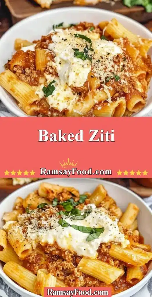 Delicious Baked Ziti topped with melted cheese and fresh herbs