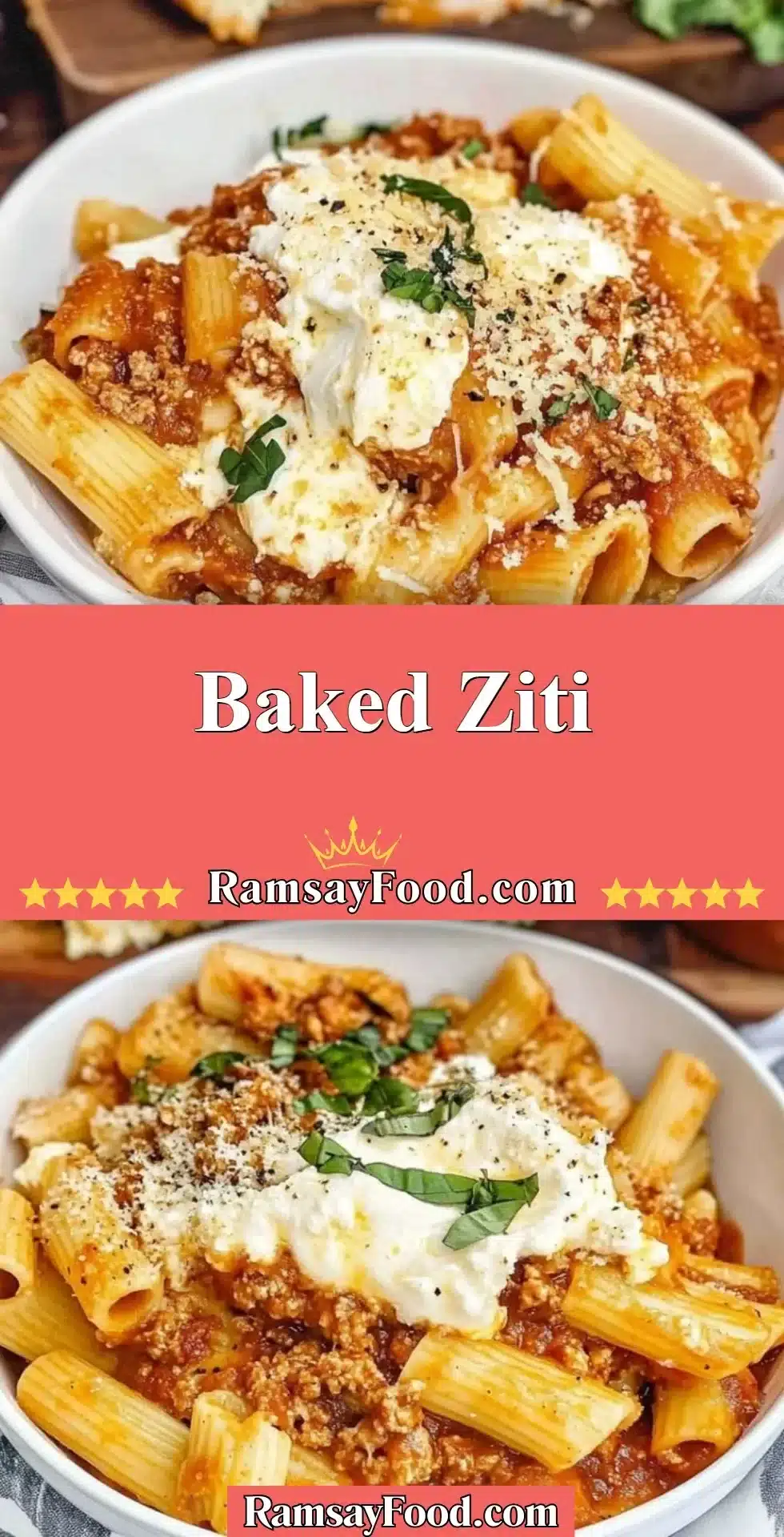 Delicious Baked Ziti topped with melted cheese and fresh herbs