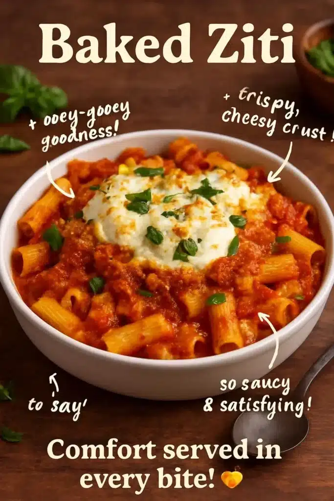 Delicious baked ziti topped with cheese and fresh herbs in a baking dish