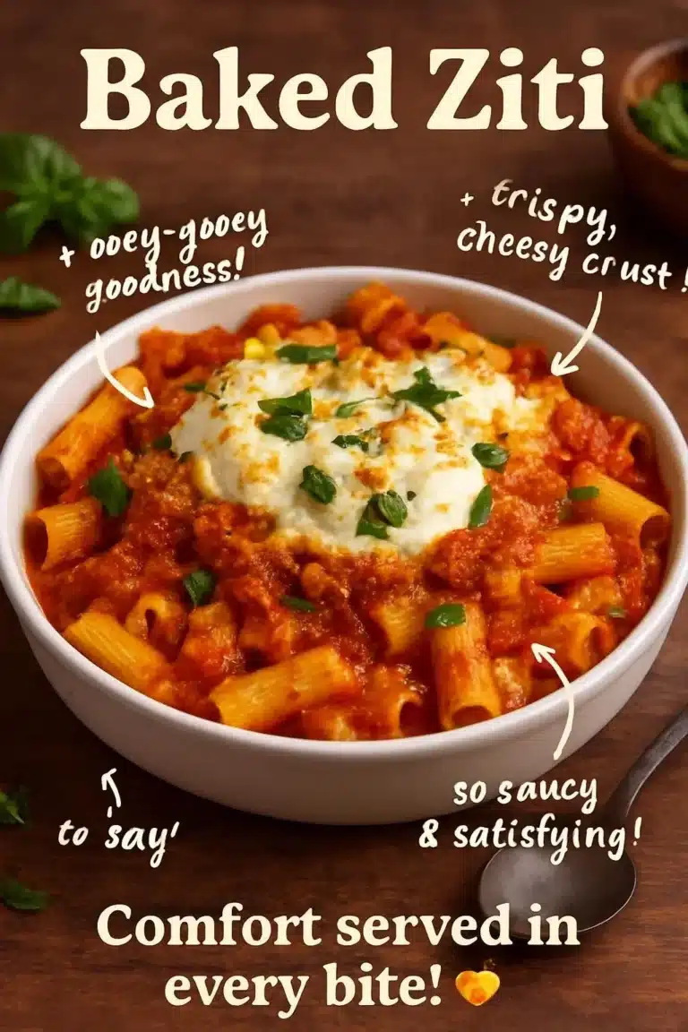 Baked Ziti 7 Delicious baked ziti topped with cheese and fresh herbs in a baking dish