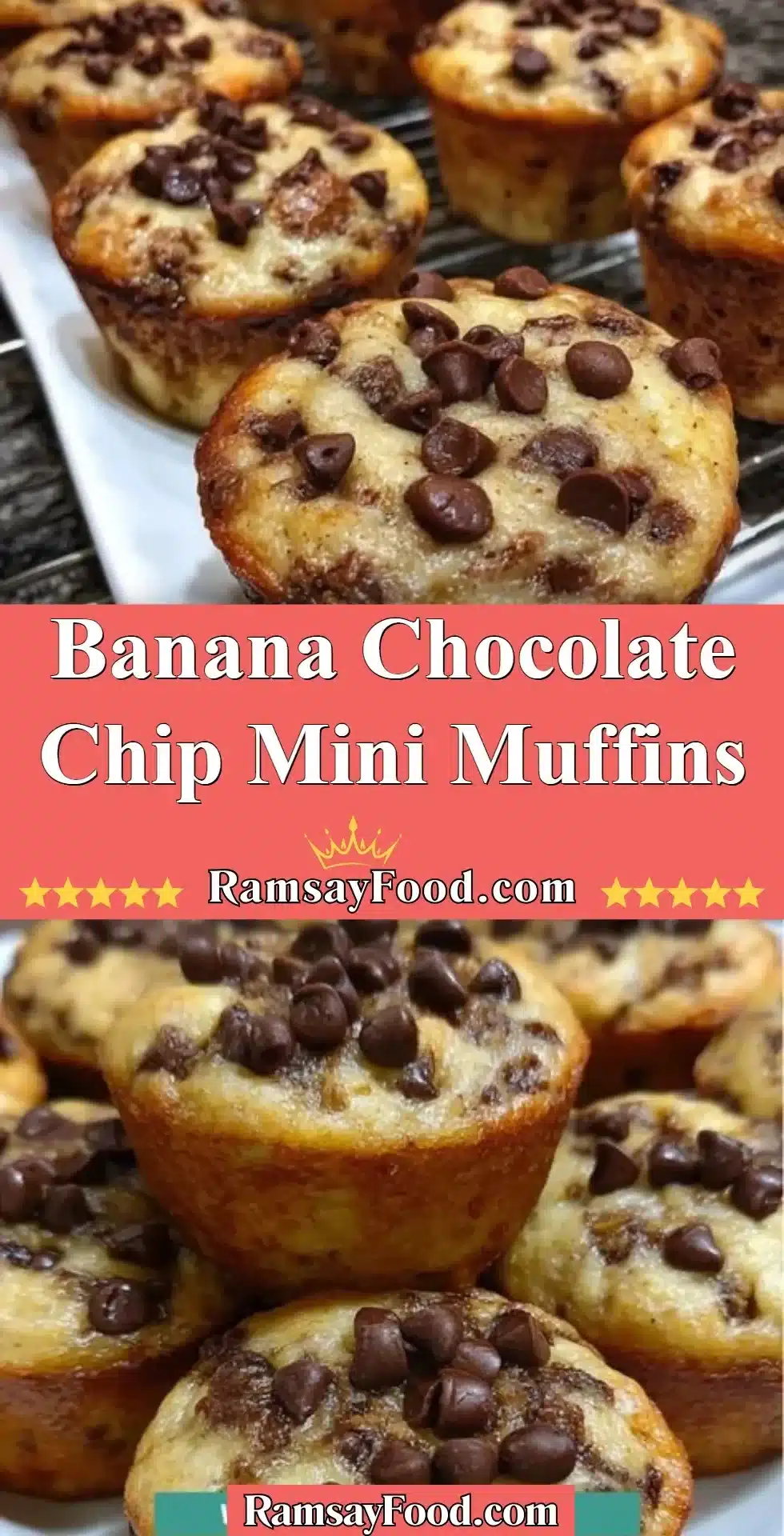 Freshly baked banana chocolate chip mini muffins on a plate