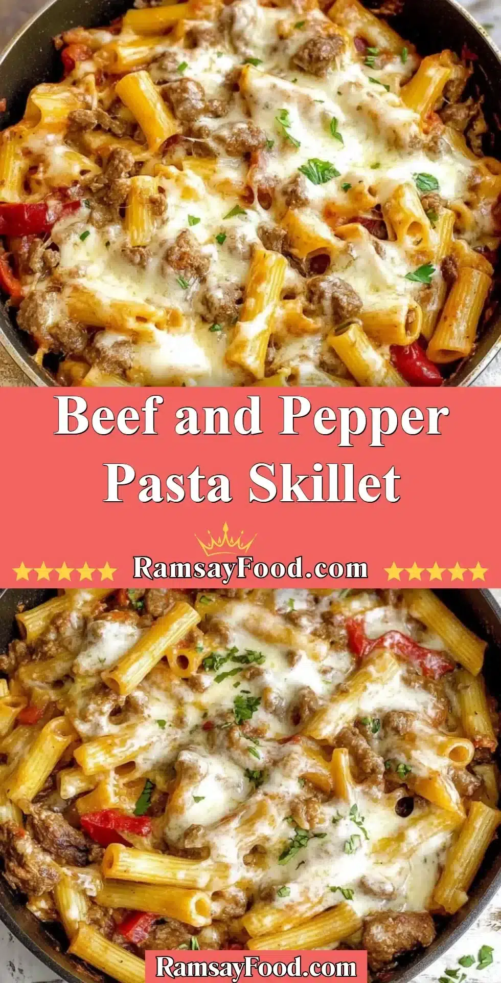 Beef and Pepper Pasta Skillet 2 A hearty Beef and Pepper Pasta skillet meal, garnished and ready to serve.