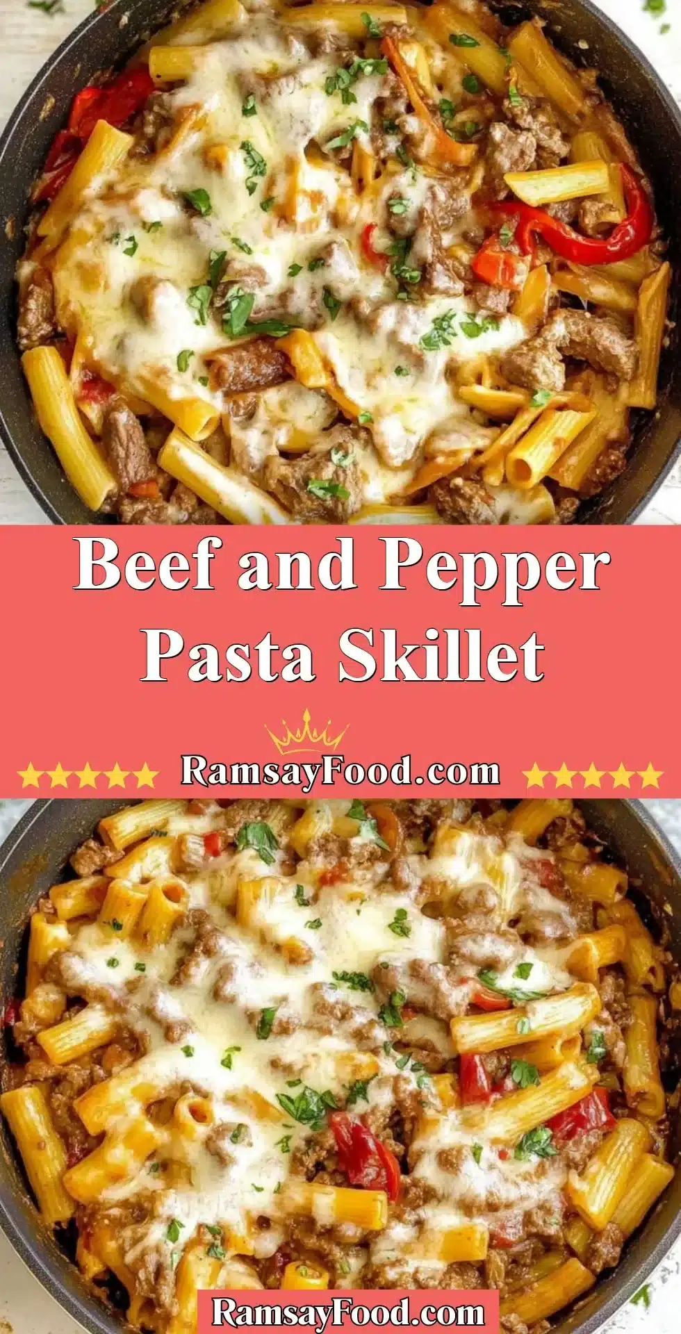 Delicious beef and pepper pasta skillet served in a pan