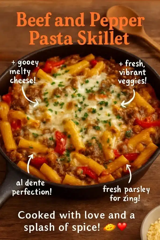 Delicious Beef and Pepper Pasta Skillet topped with herbs and spices