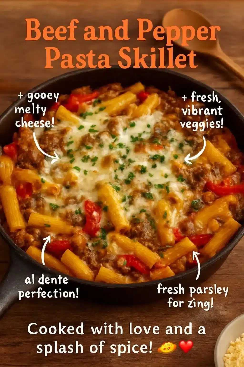 Delicious Beef and Pepper Pasta Skillet topped with herbs and spices