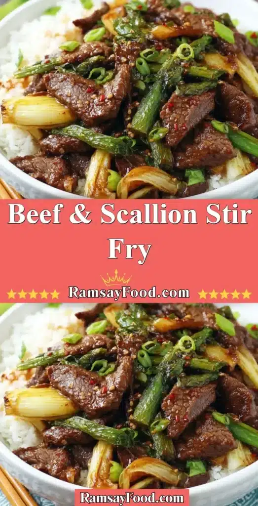 Beef and scallion stir fry served in a bowl with vegetables and sauce
