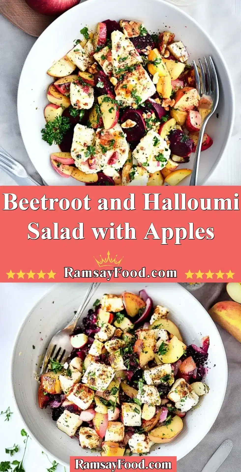 Beetroot and Halloumi Salad with Apples 2 Beetroot salad featuring halloumi cheese and fresh apples in a vibrant dish.