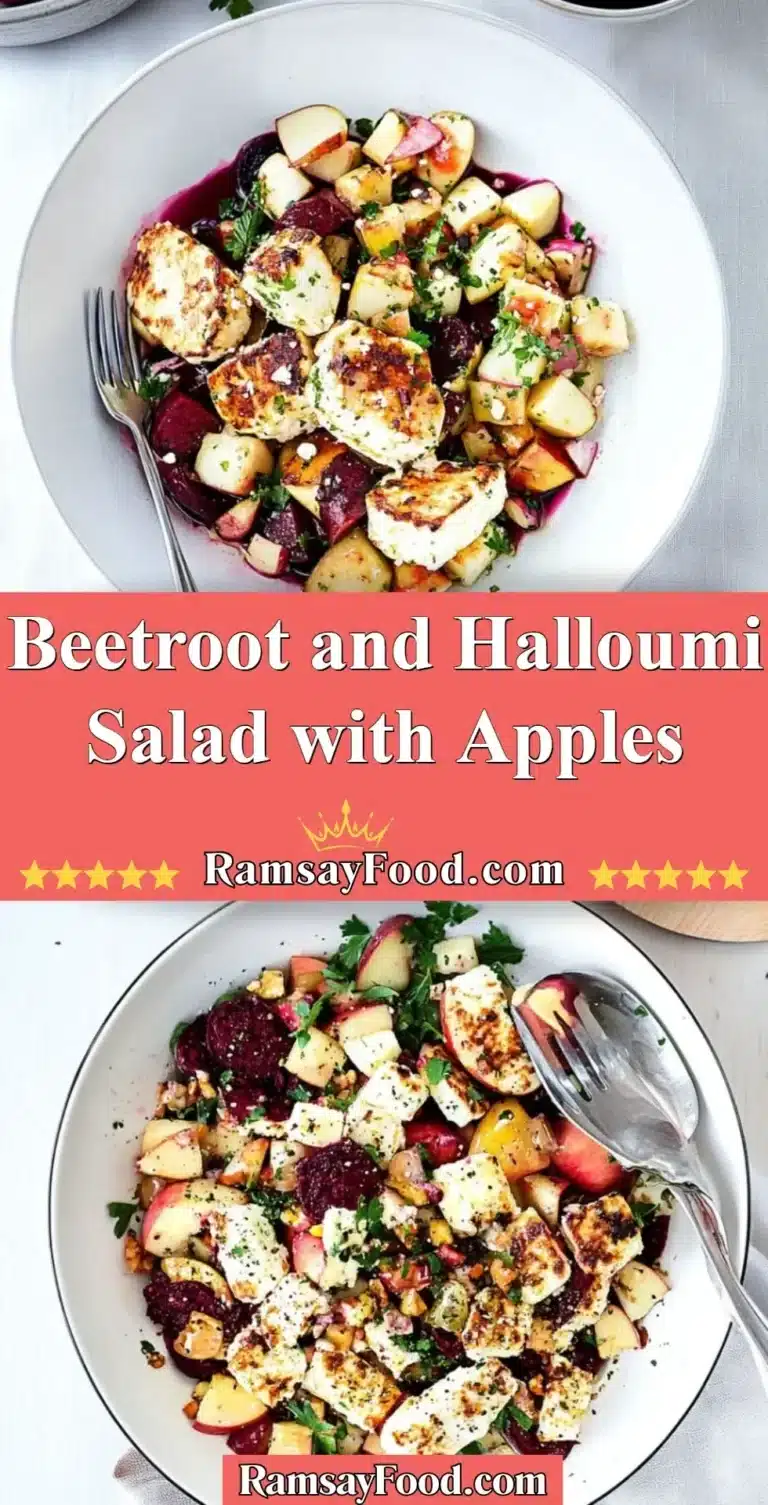 Beetroot Salad with Halloumi, Apples, and mixed greens served in a bowl