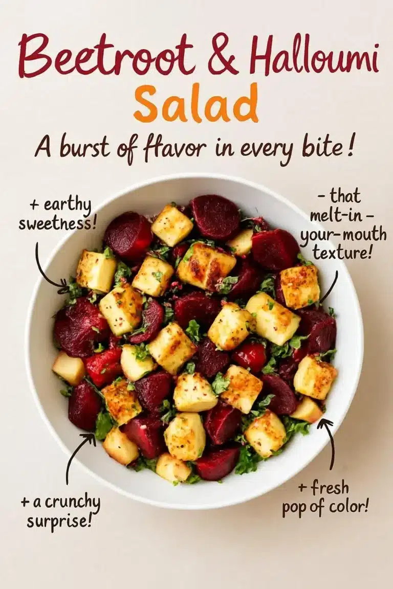 Beetroot salad with halloumi cheese and apple slices on a plate