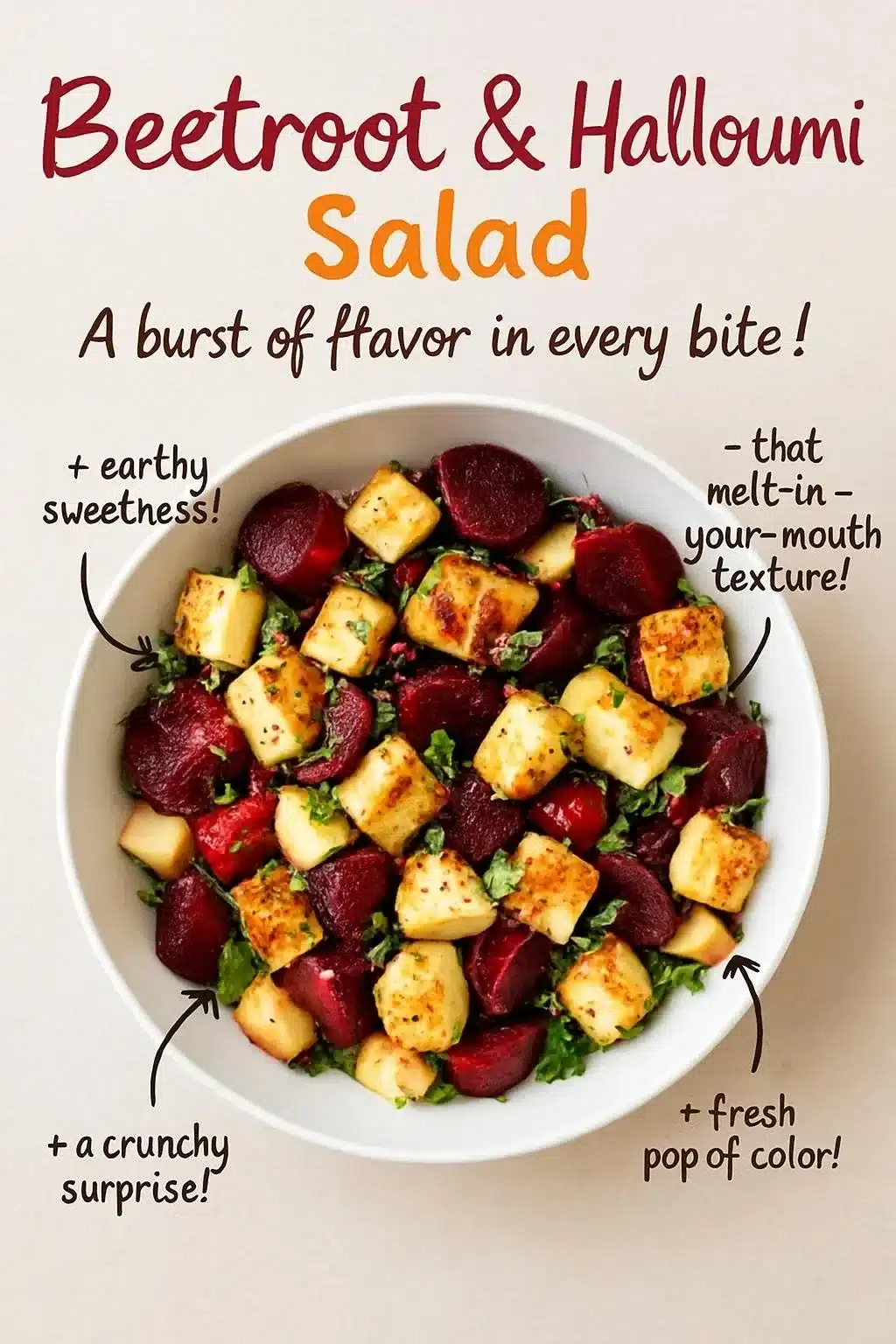 Beetroot salad with halloumi cheese and apple slices on a plate