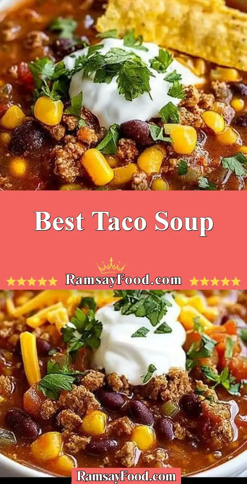 Delicious bowl of the best taco soup with fresh toppings and garnishes