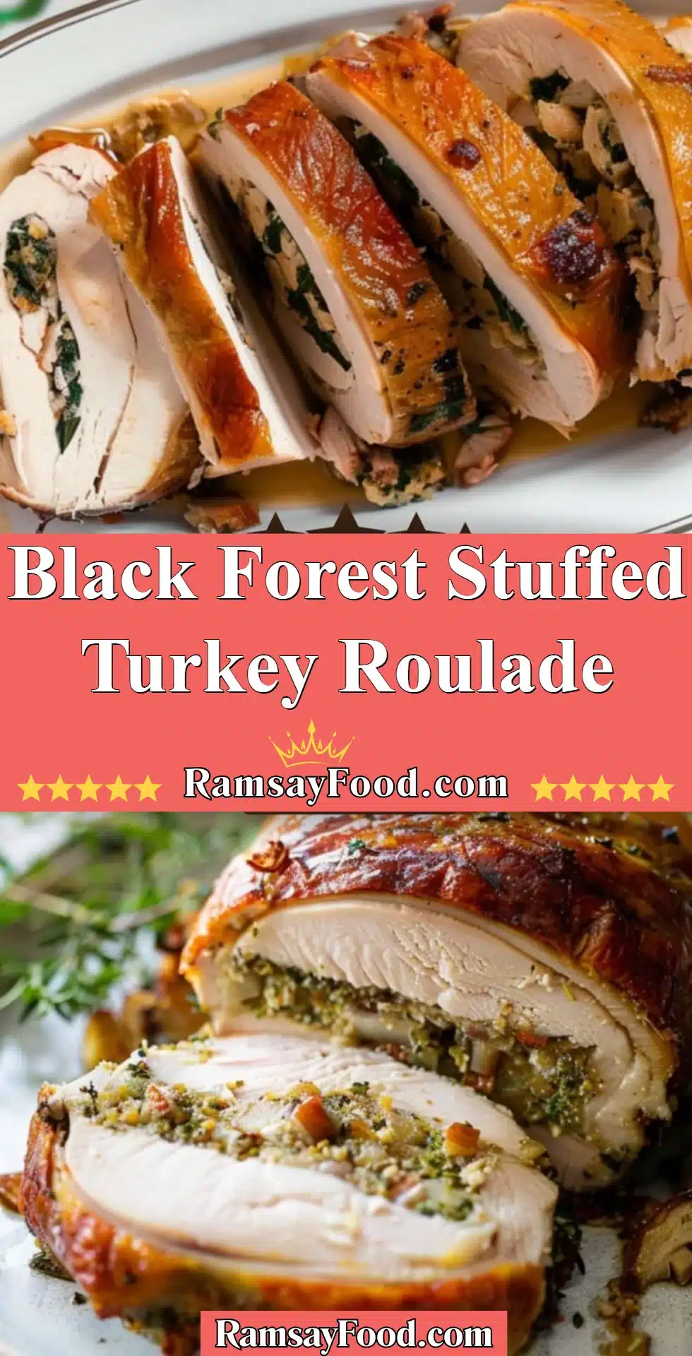 Black Forest stuffed turkey roulade ready to be served on a festive table.