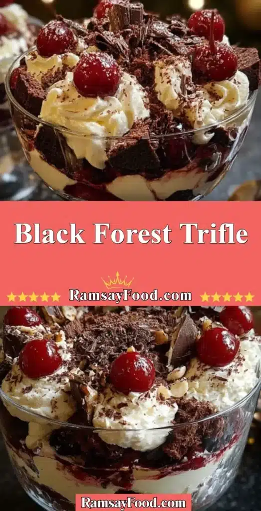A delicious Black Forest Trifle with layers of chocolate, cherries, and whipped cream