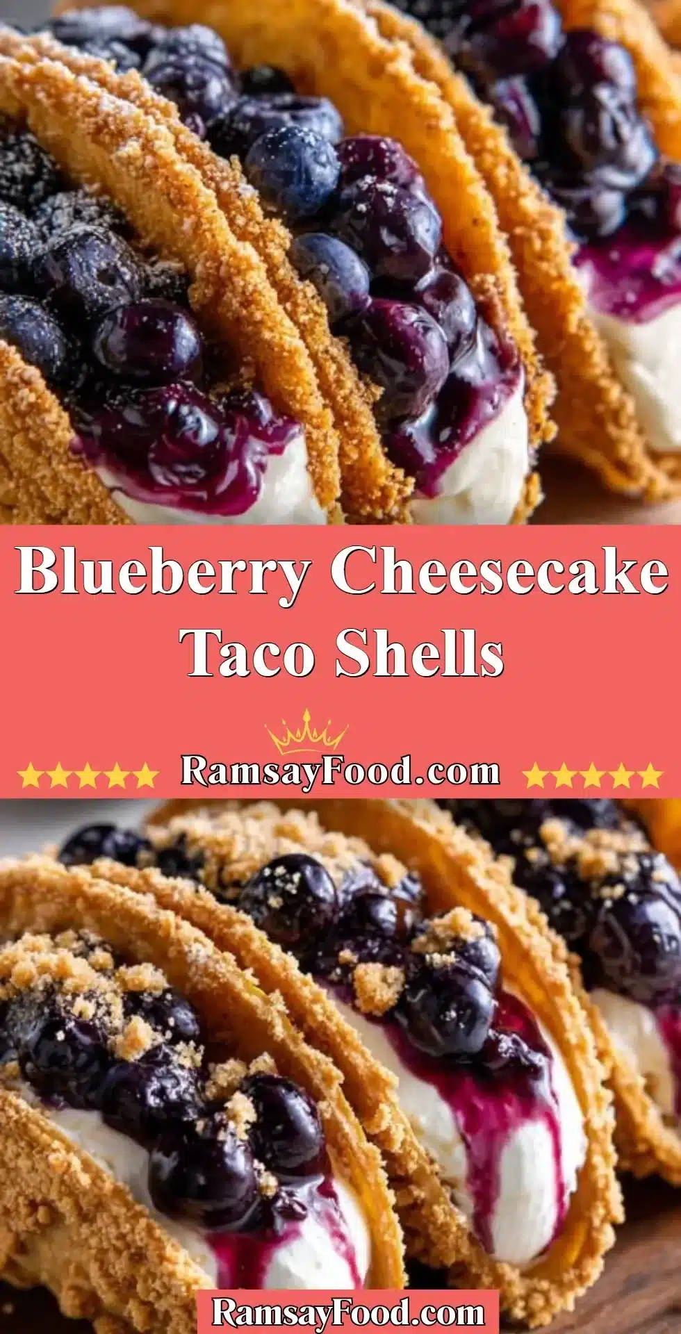 Blueberry Cheesecake Taco Shells 2 Blueberry cheesecake taco shells served on a plate garnished with fresh blueberries