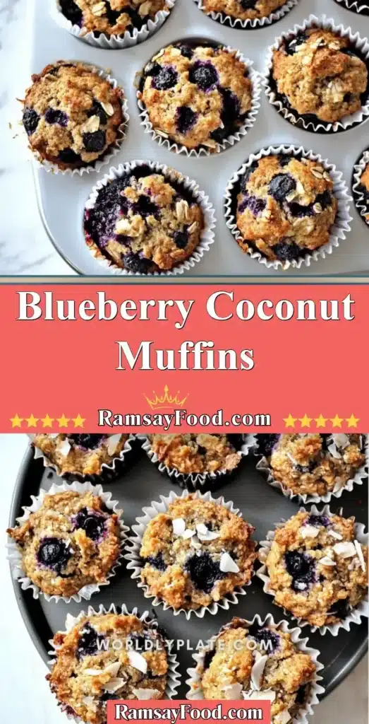 Freshly baked blueberry coconut muffins topped with blueberries and coconut flakes.