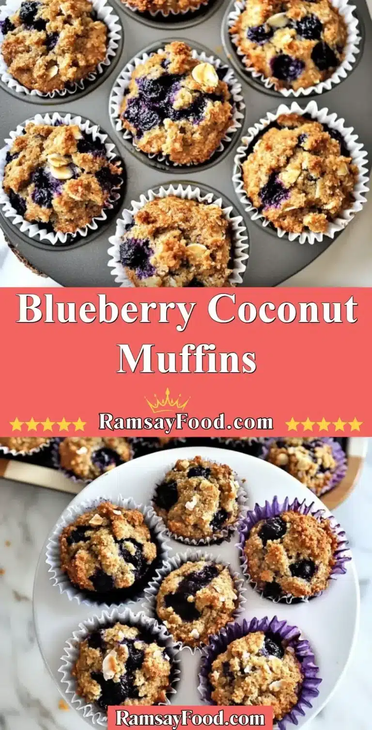 Blueberry Coconut Muffins 8 Freshly baked blueberry coconut muffins on a rustic wooden table