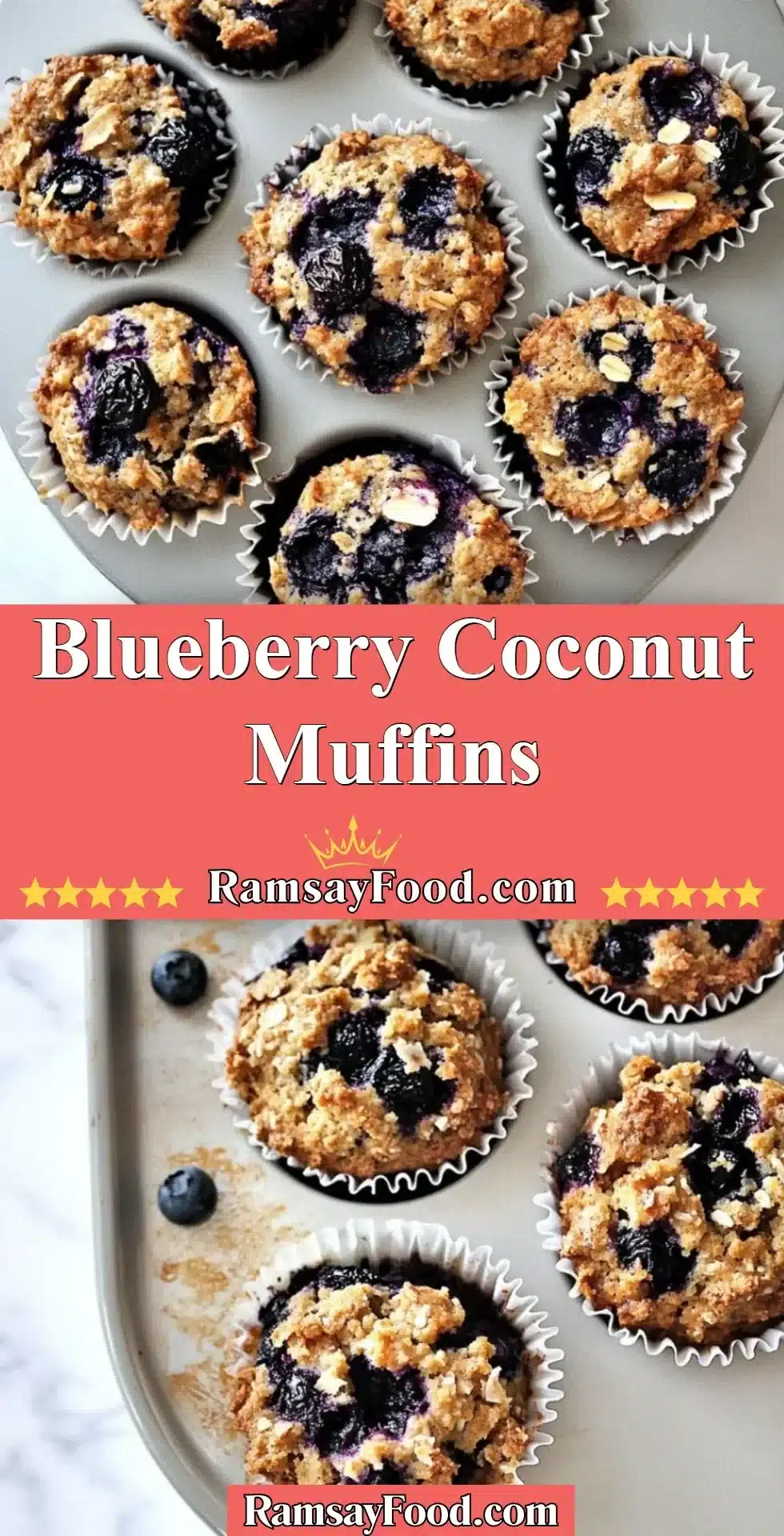 Freshly baked blueberry coconut muffins on a wooden table