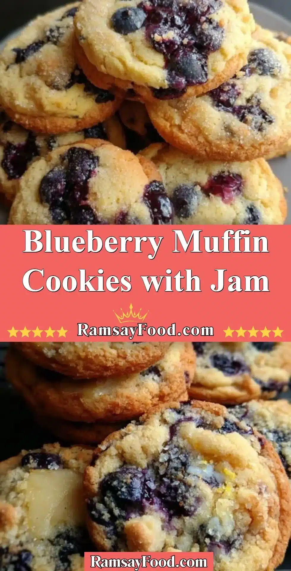 Freshly baked blueberry muffin cookies with jam drizzled on top.
