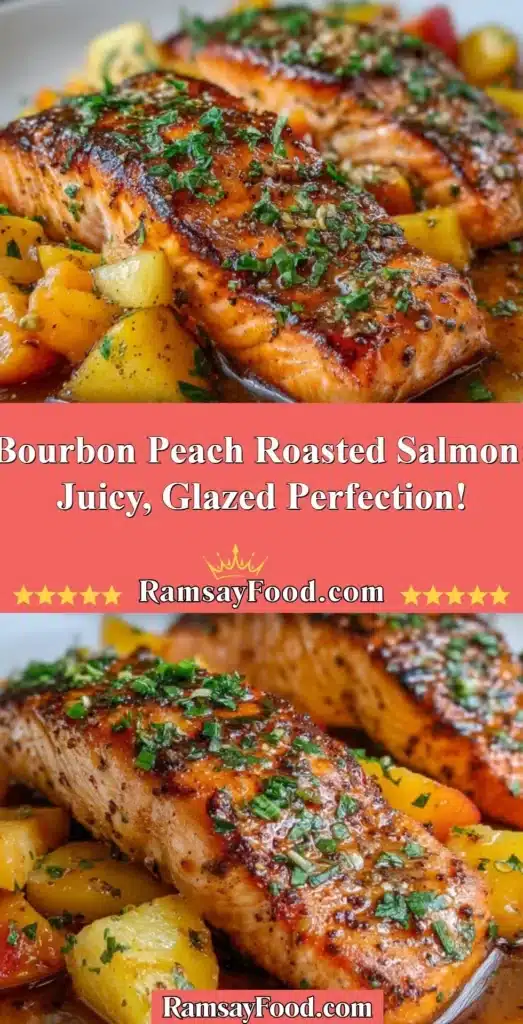Delicious Bourbon Peach Roasted Salmon with a sweet glaze over a rustic table
