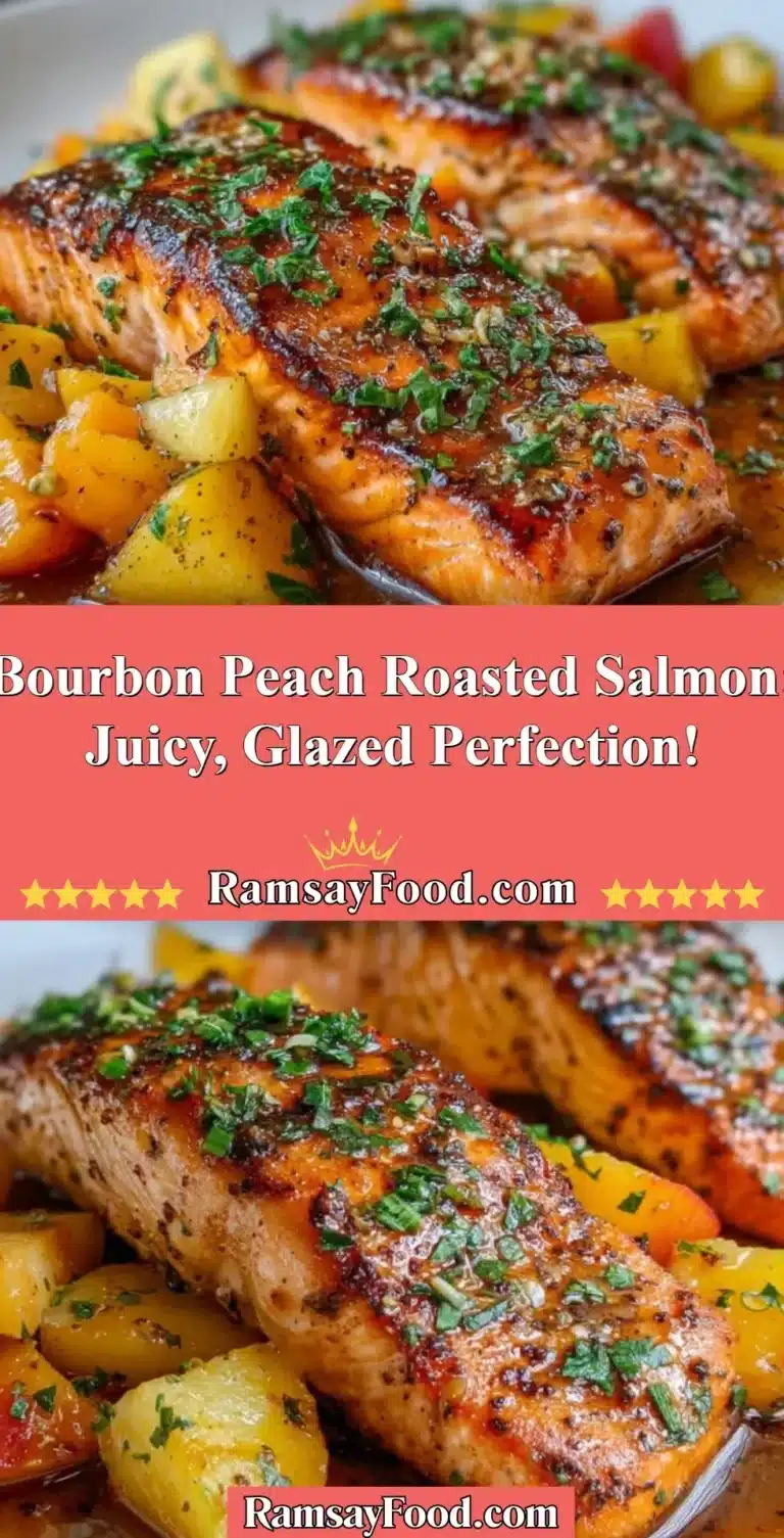 Delicious Bourbon Peach Roasted Salmon with a sweet glaze over a rustic table