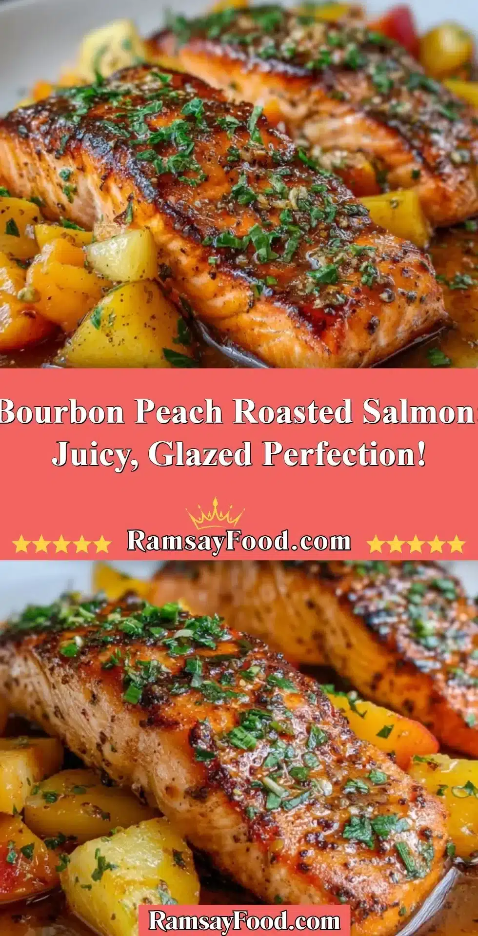 Bourbon Peach Roasted Salmon: Juicy, Glazed Perfection! 2 Delicious Bourbon Peach Roasted Salmon with a sweet glaze over a rustic table