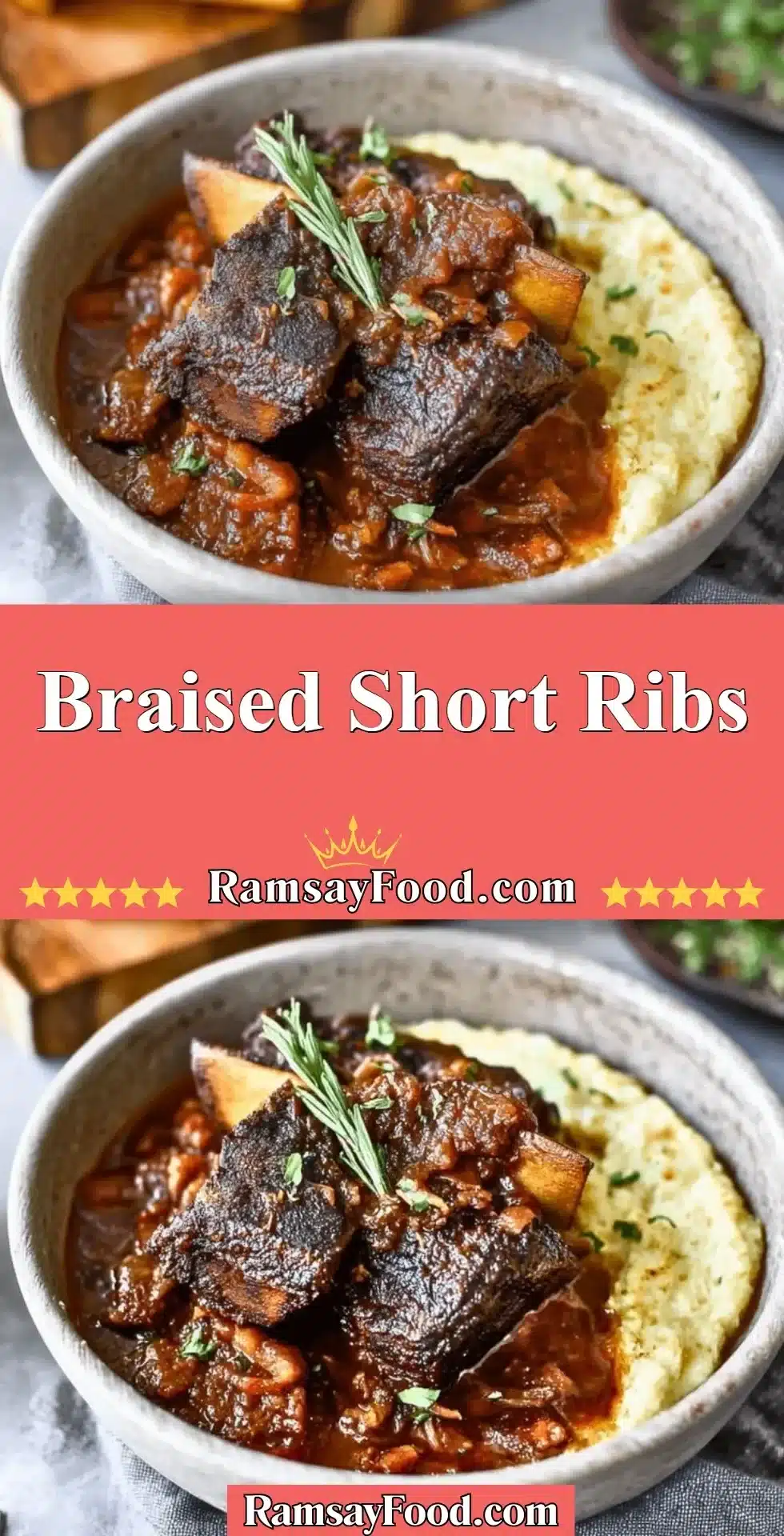 Deliciously braised short ribs served with aromatic herbs and a rich sauce.