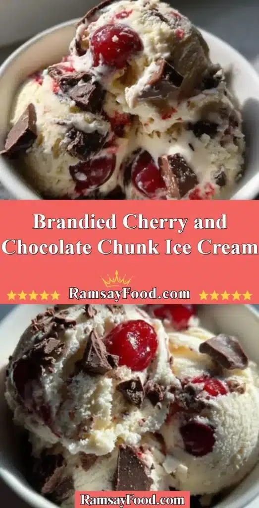 Scoop of brandied cherry and chocolate chunk ice cream in a bowl