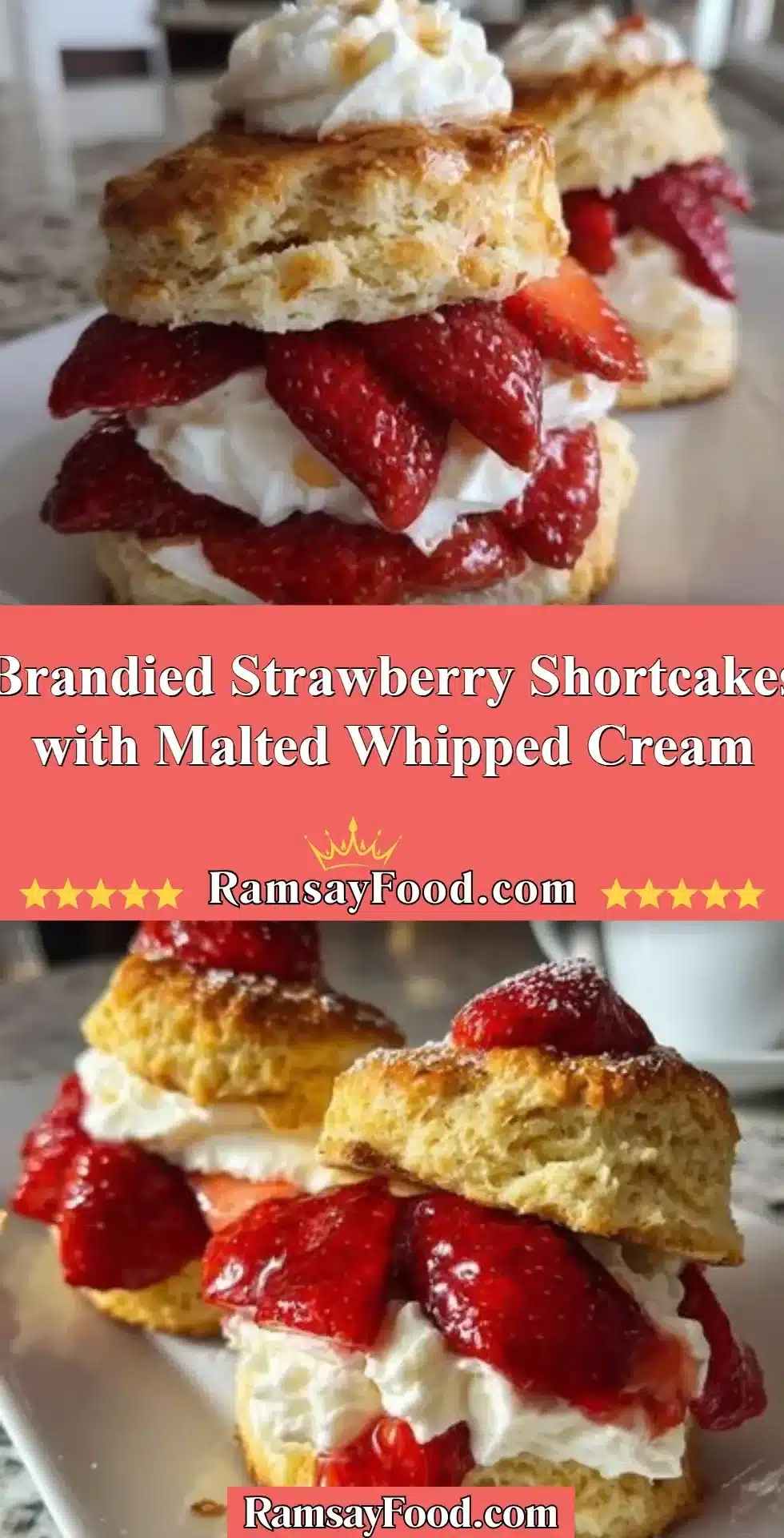 Brandied strawberry shortcakes with malted whipped cream on a dessert plate.