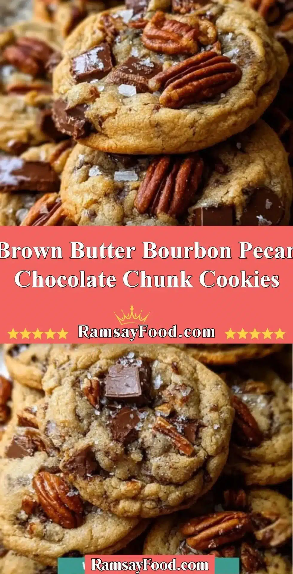 Delicious brown butter bourbon pecan chocolate chunk cookies on a plate
