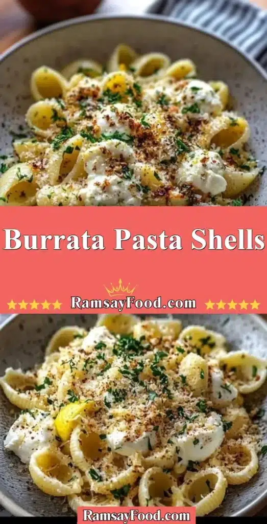 Delicious Burrata Pasta Shells topped with fresh herbs and parmesan cheese
