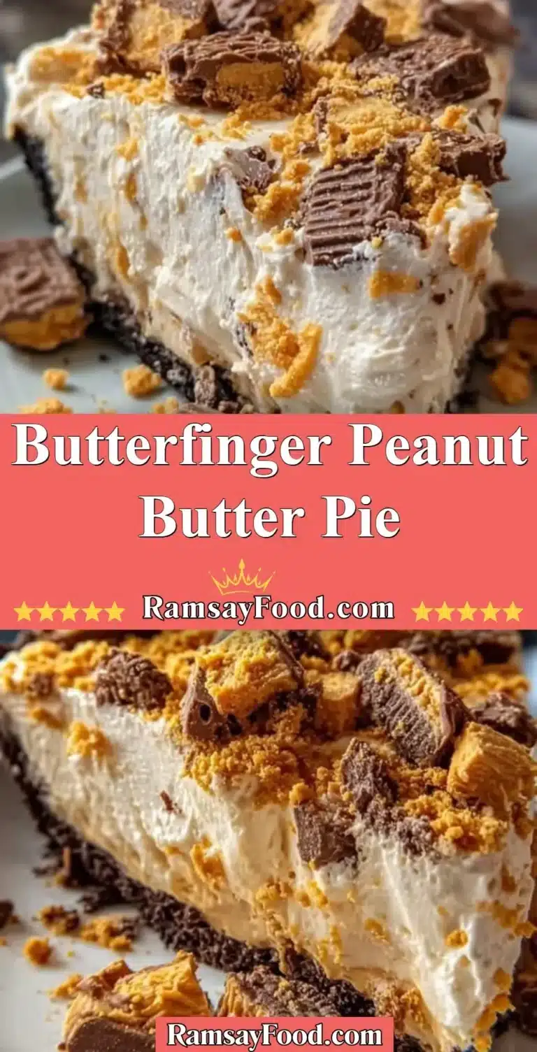 Deliciously creamy Butterfinger Peanut Butter Pie topped with crushed Butterfinger candy.