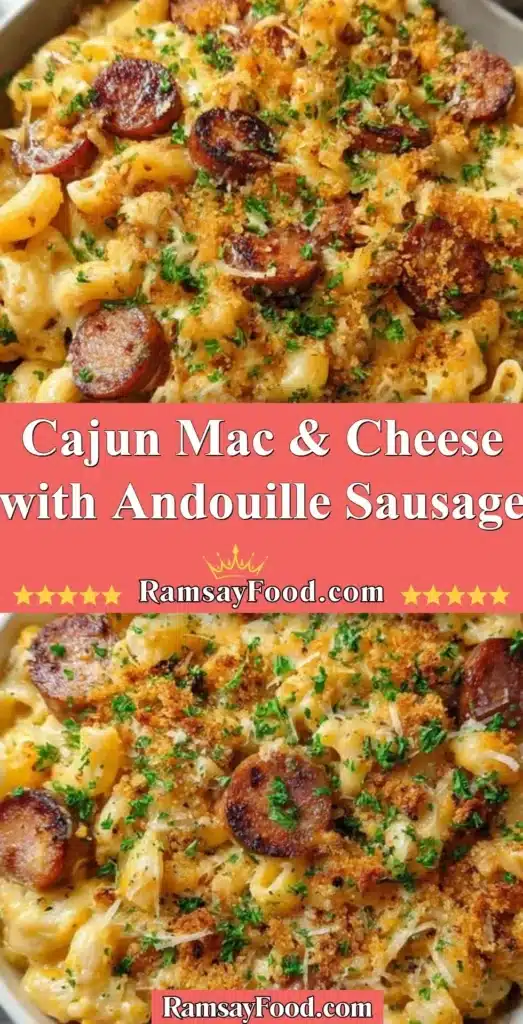 Delicious Cajun Mac & Cheese topped with spicy Andouille sausage