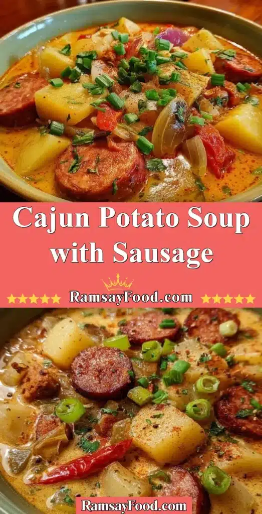 A bowl of Cajun Potato Soup with Sausage garnished with parsley.