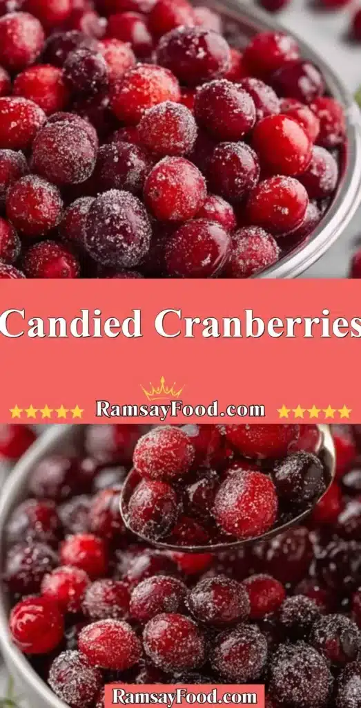 Bowl of bright red candied cranberries on a wooden table