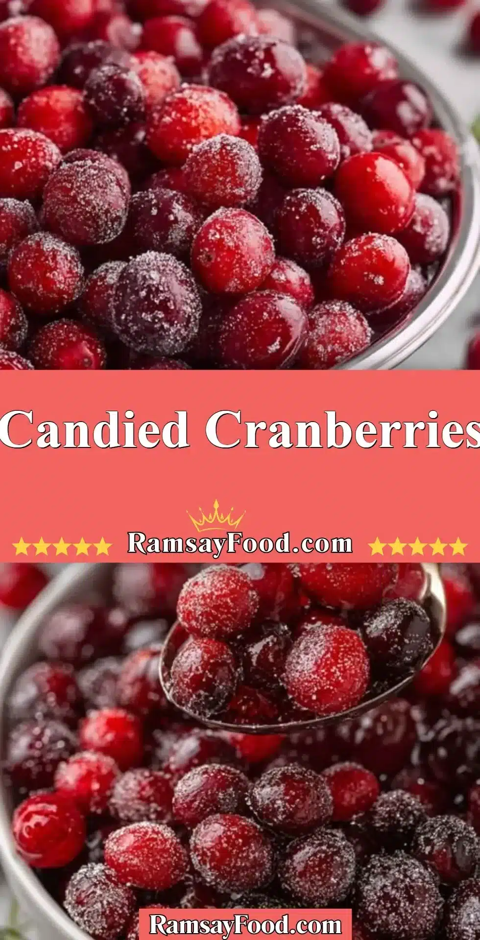 Bowl of bright red candied cranberries on a wooden table