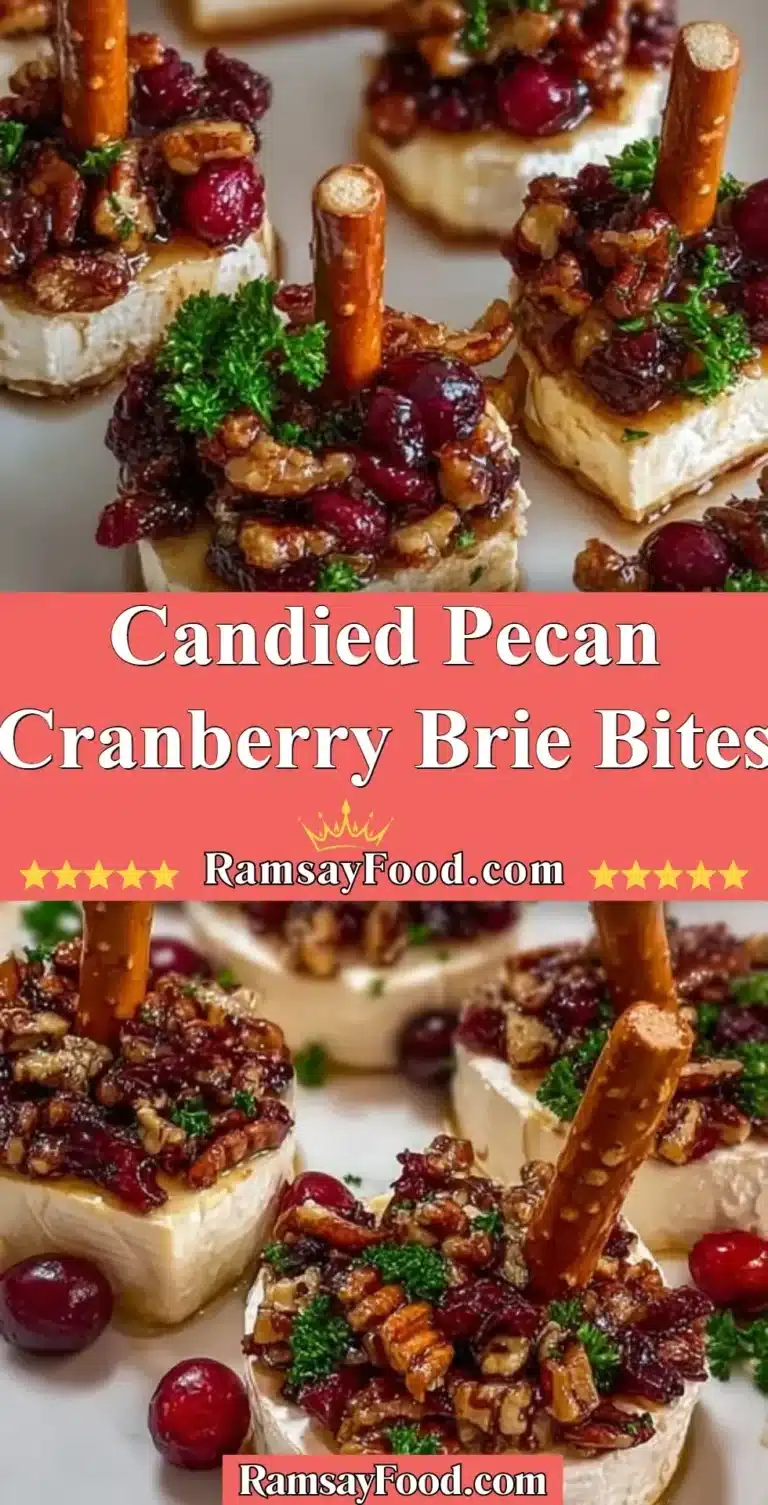 Candied pecan cranberry brie bites appetizer with festive garnish