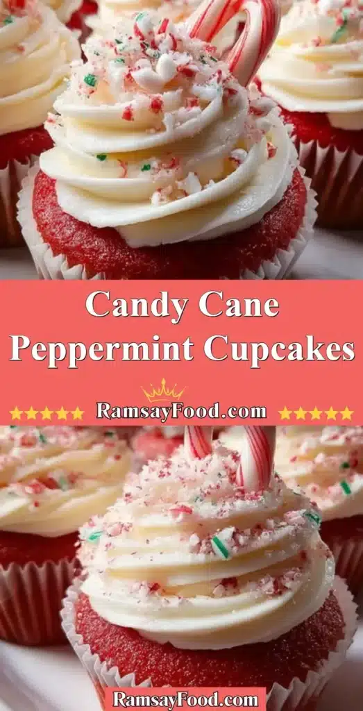 Delicious candy cane peppermint cupcakes decorated with whipped cream and candy cane pieces.