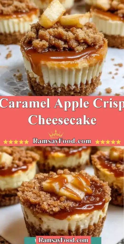 Delicious Caramel Apple Crisp Cheesecake with caramel drizzle and apple topping