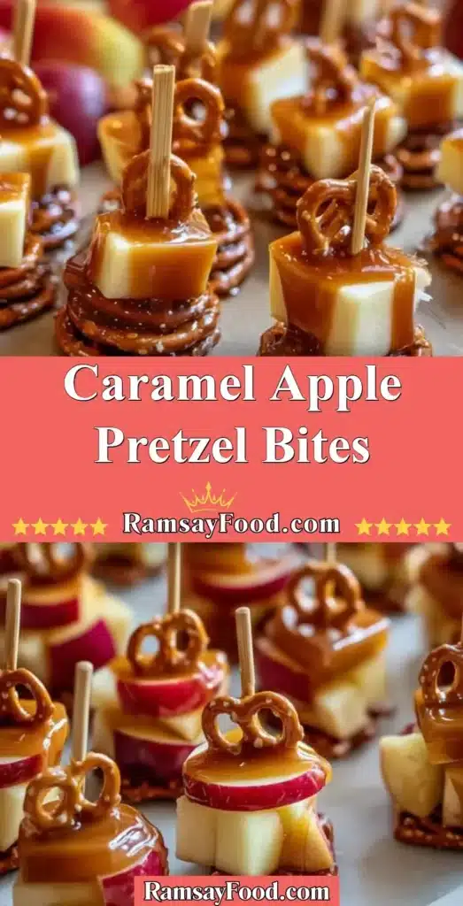 Delicious caramel apple pretzel bites drizzled with caramel and sprinkled with nuts.