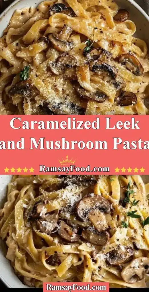 Delicious caramelized leek and mushroom pasta served in a bowl