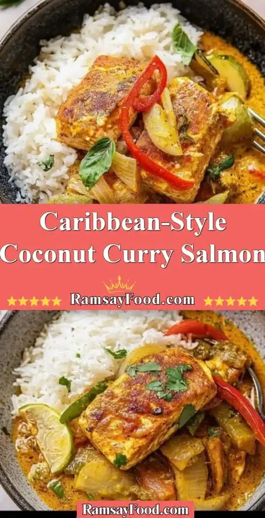 Caribbean-style coconut curry salmon in a bowl with fresh herbs
