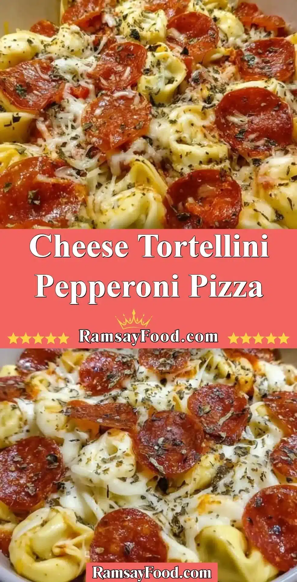 Cheese Tortellini Pepperoni Pizza 2 Cheese tortellini pepperoni pizza topped with melted cheese and fresh ingredients.