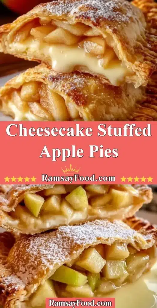 Cheesecake stuffed apple pies fresh out of the oven, topped with caramel sauce.