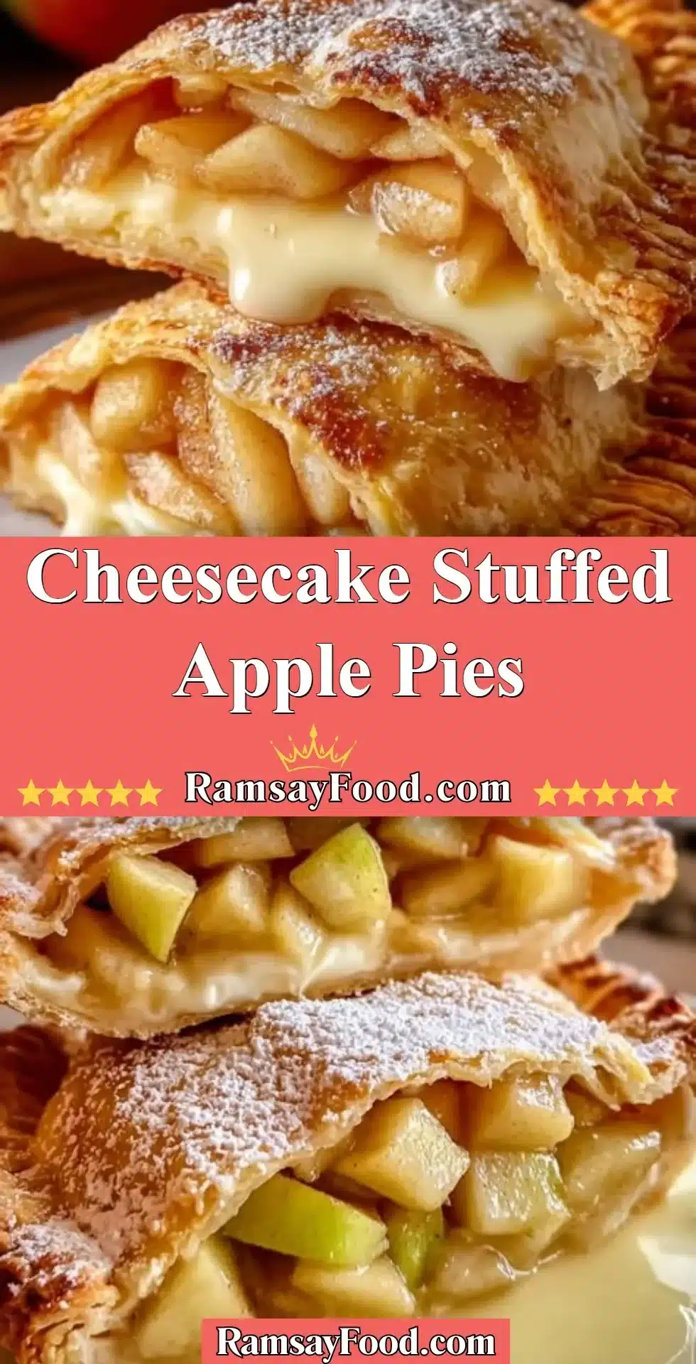 Cheesecake stuffed apple pies fresh out of the oven, topped with caramel sauce.