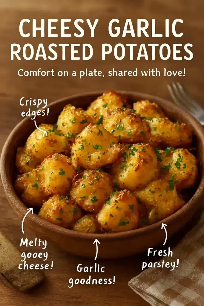 Cheesy garlic roasted potatoes served in a rustic dish